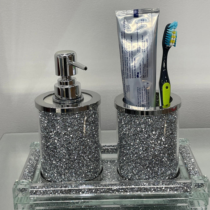Silver Crushed Diamond Soap Dispenser and Toothbrush Holder with Tray —  Mirodemi