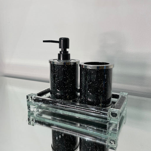 Black Crushed Diamond Soap Dispenser and Toothbrush Holder with Tray