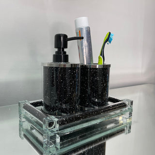 Black Crushed Diamond Soap Dispenser and Toothbrush Holder with Tray