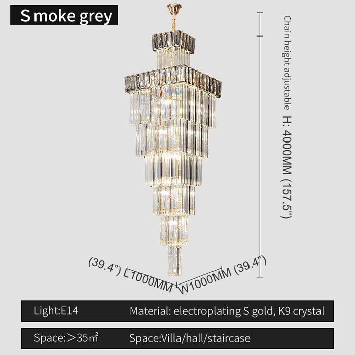 MIRODEMI® High-end Villa Staircase Square Crystal Chandelier for Living Room, Stairwell White light / Smoke gray / L39.4*H157.5"