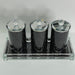 Three Black Crushed Diamond Glass Canister Set on a Tray 8"H x 4"D