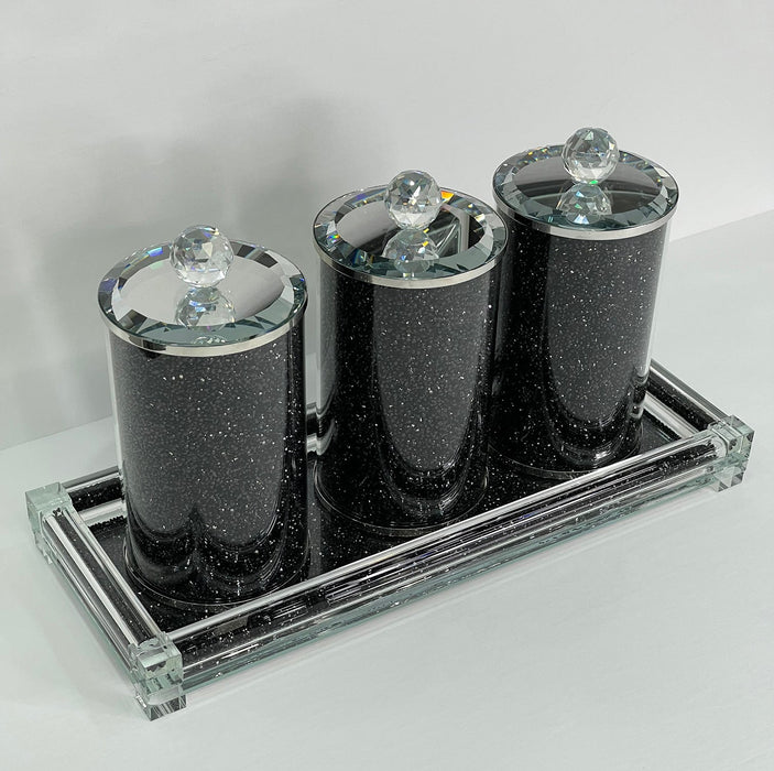 Three Black Crushed Diamond Glass Canister Set on a Tray 5.5"H x 4"D