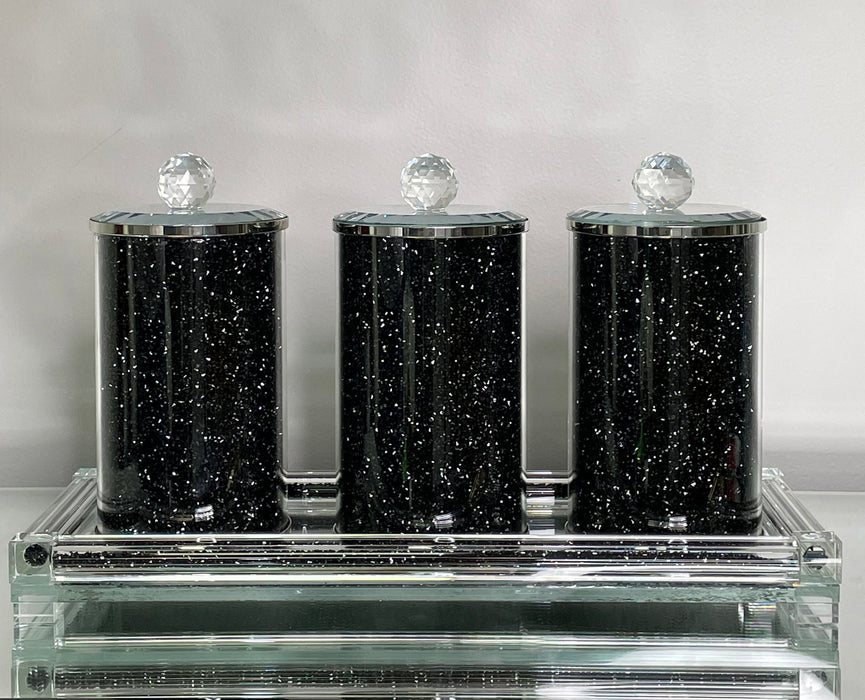 Three Black Crushed Diamond Glass Canister Set on a Tray 7"H x 4"D