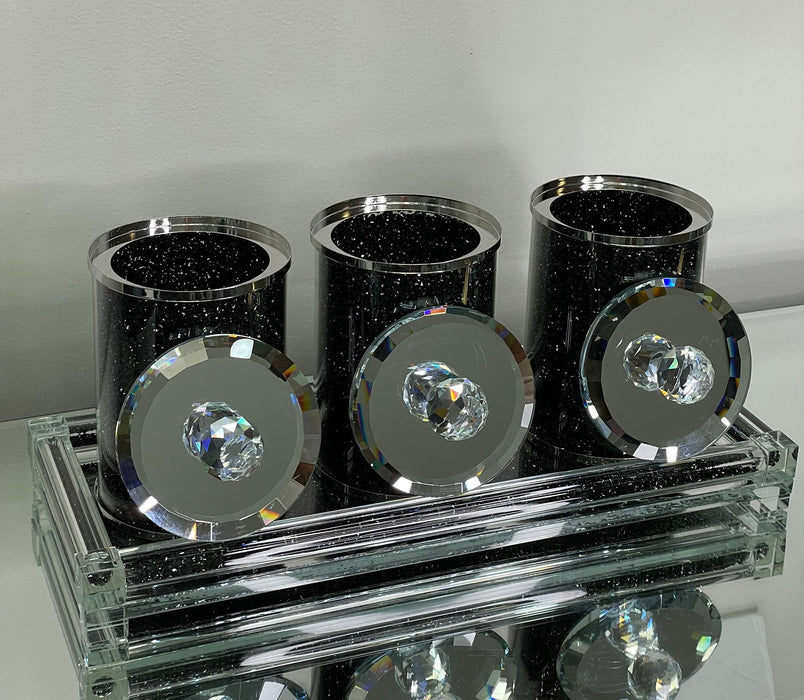 Three Black Crushed Diamond Glass Canister Set on a Tray