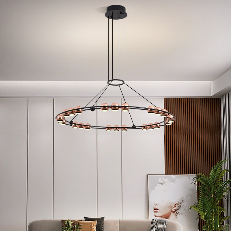 Rose gold ring LED chandelier in black and rose gold finish for living room