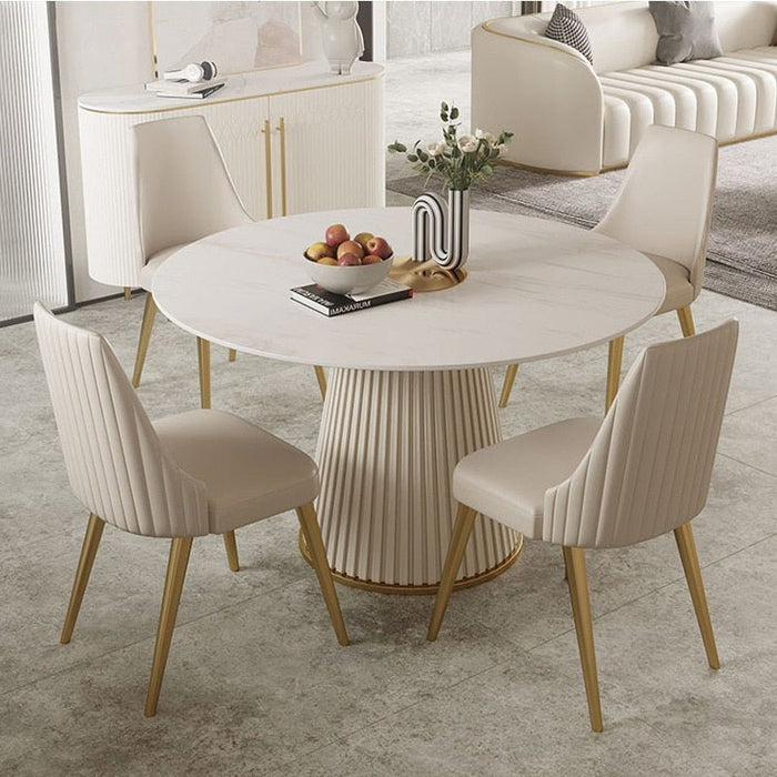 Round Dining Table with Sintered Stone Tabletop and Pine Wood Frame
