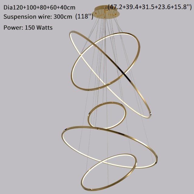 MIRODEMI® Large ring stainless steel light fixture for living room, hall, staircase, foyer, stairwell Gold / 47.2*39.4*31.5*23.6*15.8 / Warm Light - Dimmable
