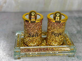 Gold Crushed Diamond Glass Salt & Pepper on a Tray