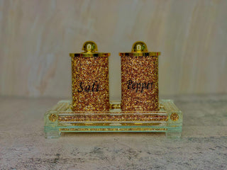 Gold Crushed Diamond Glass Salt & Pepper on a Tray