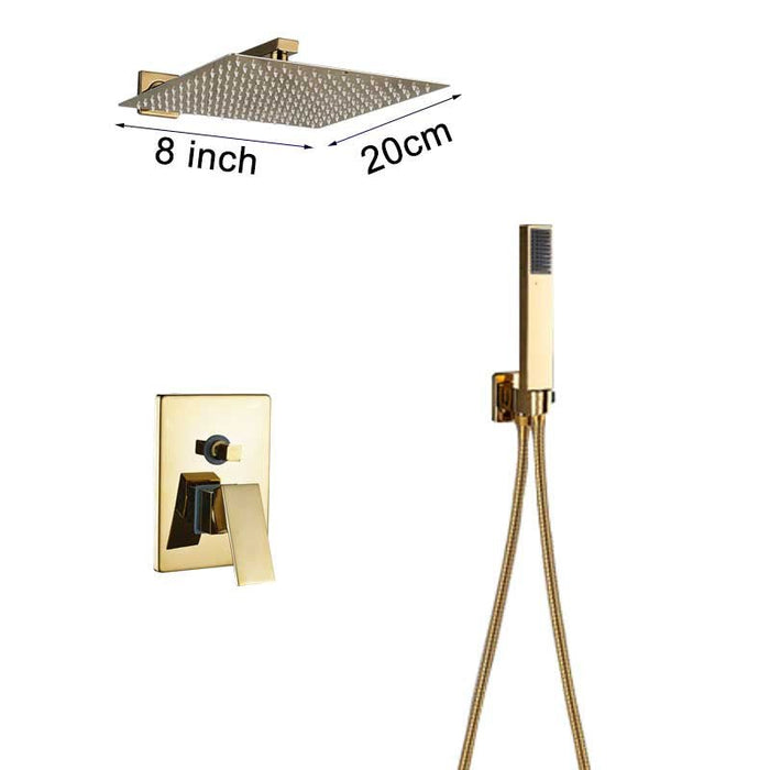 MIRODEMI® Gold Stainless Steel Rainfall Shower Faucet Set Wall Mounted Mixer Tap 2 ways / 8''