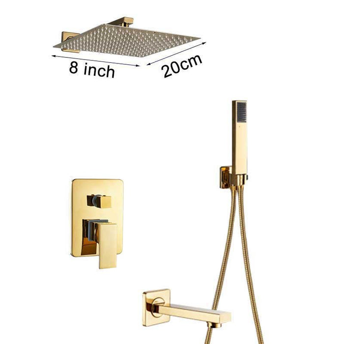 MIRODEMI® Gold Stainless Steel Rainfall Shower Faucet Set Wall Mounted Mixer Tap 3 ways / 8''