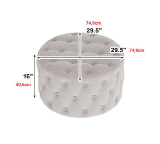 Button-tufted round footstool in velvet and engineered wood