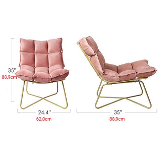 Pink accent chair in velvet with metal legs, minimalist modern design