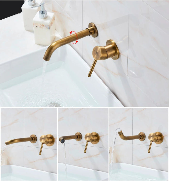 MIRODEMI® Antique Brass Basin Faucet Wall Mounted 2 Hole Washing Single Lever Swive Spout