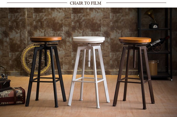 Industrial-Styled Iron Rotating and Lifting Bar Stool Made of Solid Wood image | luxury furniture | bar decor | wood stool