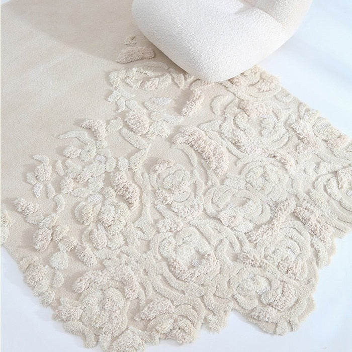 Ivory Color 3D pattern pastoral style handmade wool area rug 4'7"x6'6" (140x200cm)