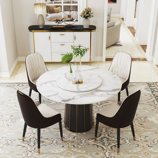 White Round Marble Top Dining Table with Turntable, Black and Gold Legs