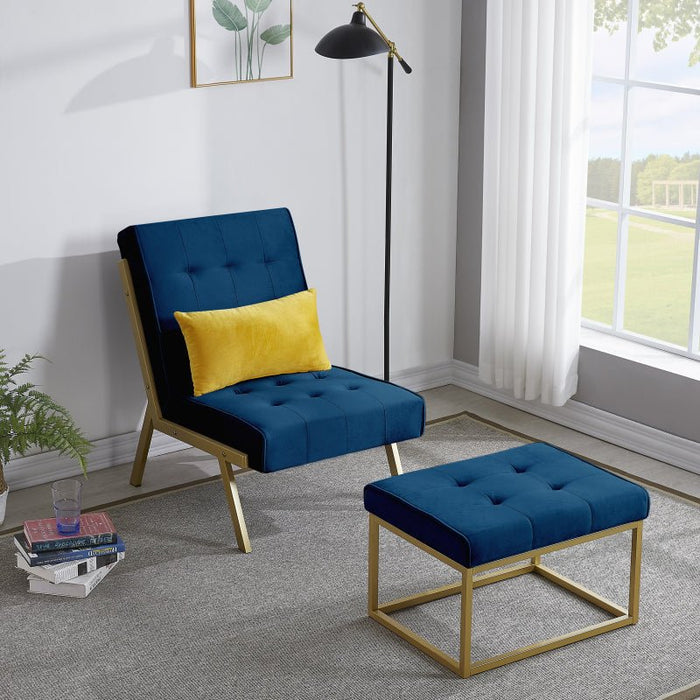 Gold Metal Frame Velvet Upholstery Chair with Ottoman Navy Blue