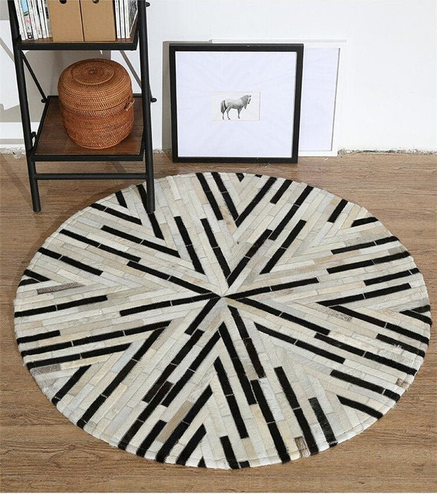 Genuine Cowhide Skin fur Pathwork real leather round shaped area rug 2 / 3'11"x3'11" (120x120cm)