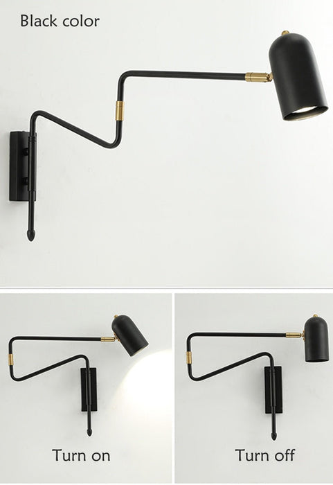 MIRODEMI® Black/Gold Industrial Adjustable Long-Arm Retractable Wall Sconce With Switch