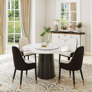 White Round Marble Top Dining Table with Turntable, Black and Gold Legs