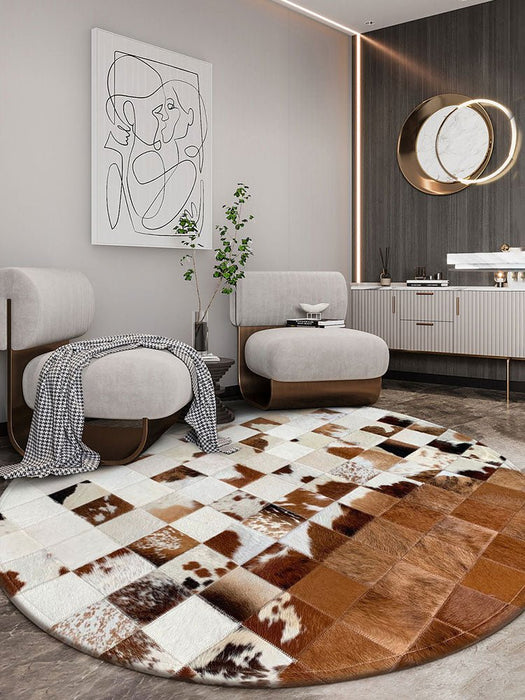 Genuine Cowhide Skin fur Pathwork real leather round shaped area rug 1 / 5'11"x5'11" (180x180cm)