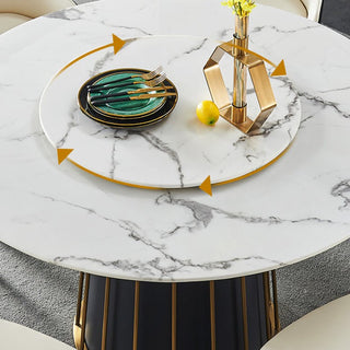 White Round Marble Top Dining Table with Turntable, Black and Gold Legs