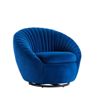 Blue rotatable single sofa upholstered in velvet, solid wood, and iron