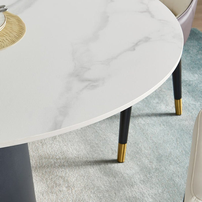 White Sintered Stone Top Dining Table with Solid Black Carbon Steel Base
