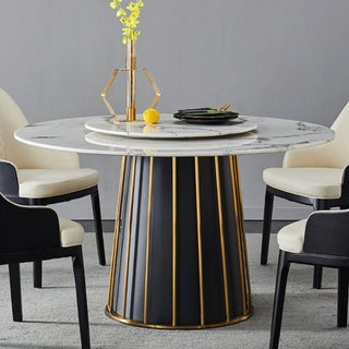 White Round Marble Top Dining Table with Turntable, Black and Gold Legs