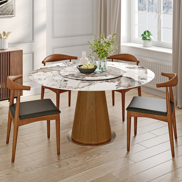 Sintered Stone Tabletop Dining Table with Lazy Susan and Solid Wood Base