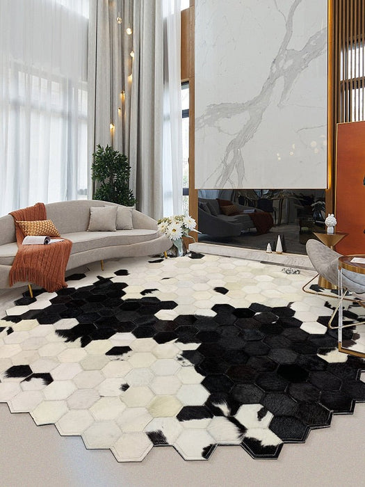American style Round shaped diamond plaid cowhide patchwork rug Black / 4'11"x4'11" (150x150cm)