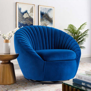 Blue rotatable single sofa in velvet, solid wood, and iron for the living room