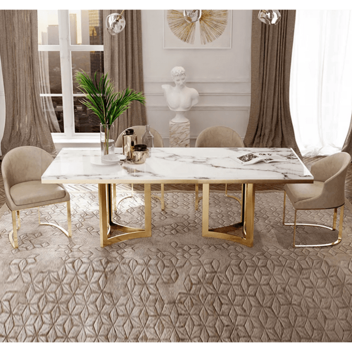 Marble Dining Table With Rectangular Top Gold Stainless Steel Legs