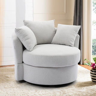 Swivel bucket accent chair upholstered in linen and polyester with metal base, modern