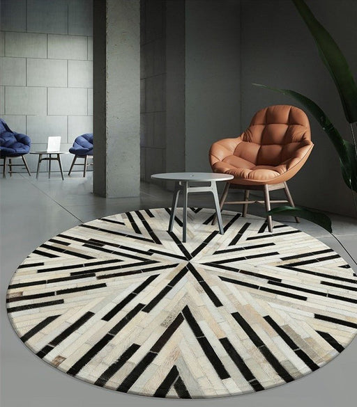 Genuine Cowhide Skin fur Pathwork real leather round shaped area rug 2 / 5'11"x5'11" (180x180cm)