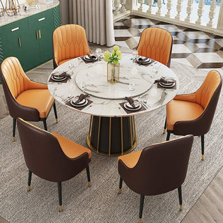 White Round Marble Top Dining Table with Turntable, Black and Gold Legs