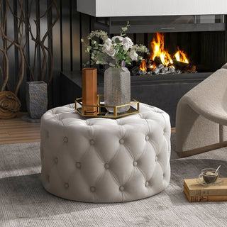 Round footstool in velvet and engineered wood for the living room