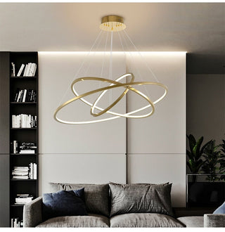 Golden ring chandelier for a staircase
