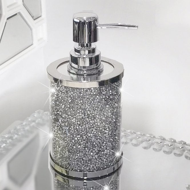Silver Crushed Diamond Soap Dispenser and Toothbrush Holder with Tray