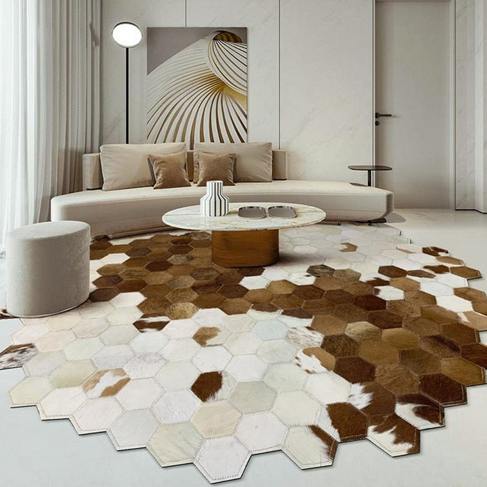 American style Round shaped diamond plaid cowhide patchwork rug Brown / 3'11"x3'11" (120x120cm)