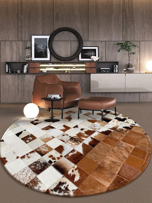 Genuine Cowhide Skin fur Pathwork real leather round shaped area rug 1 / 3'11"x3'11" (120x120cm)