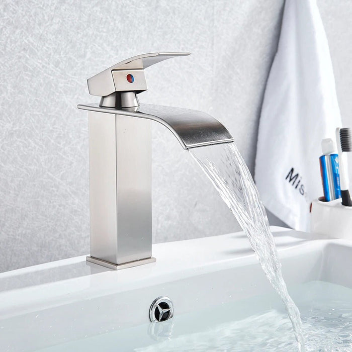 MIRODEMI® Black/Chrome Waterfall Vanity Sink Basin Faucet Single Lever Brushed Nickel