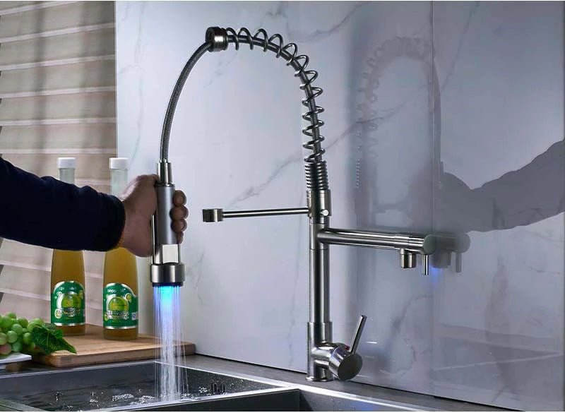 MIRODEMI® Black/Brushed Nickel LED Light Kitchen Faucet Dual Swivel Spout Crane