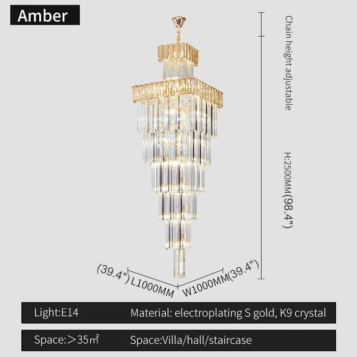 MIRODEMI® High-end Villa Staircase Square Crystal Chandelier for Living Room, Stairwell White light / Amber / L39.4*H98.4"